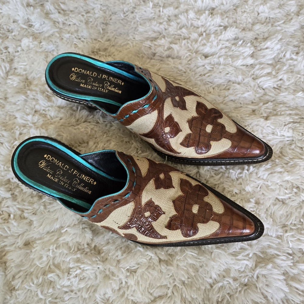 Donald J. Pliner Brown and Cream Mules